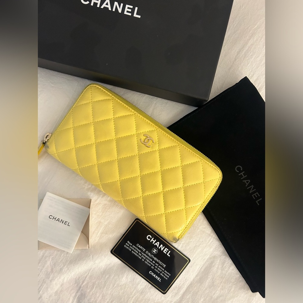 Authentic CHANEL Matelasse Yellow Lambskin Bi-Fold Zip Around Wallet